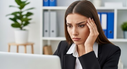 Young businesswoman looking stressed while working on a laptop in an office setting.