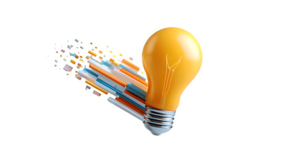 Yellow light bulb with colorful abstract streaks isolated on transparent background