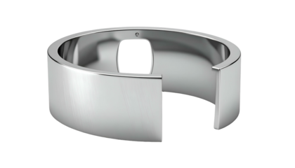 Glossy, metallic, open-ended band, likely jewelry, with a square opening on a black background