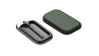 Two rectangular, partially open, metal-rimmed cases; one holding a metal rod
