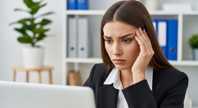 Young businesswoman looking stressed while working on a laptop in an office setting.