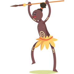 Tribal Hunter Character With Spear Weapon Wearing Traditional Skirt And Body Paint Holding Spear In Mid Action Pose