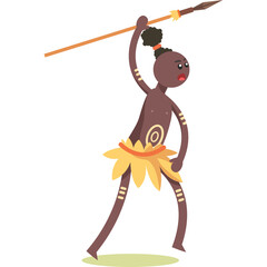 Tribal Warrior Character Holding Spear Ready for Action with Yellow Grass Skirt and Body Paint on Transparent Background Detailed Vector Art