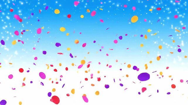 Blue sky with colorful confetti raining down creating a festive and celebratory atmosphere