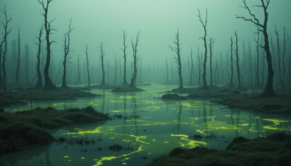 Eerie swamp exploration foggy forest nature photography mysterious atmosphere low angle surreal beauty