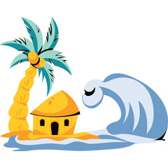 Tropical island beach scene with a small yellow house and a large blue wave crashing ashore under a palm tree with teal leaves