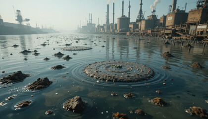 Industrial pollution impact river photography urban environment low angle environmental awareness