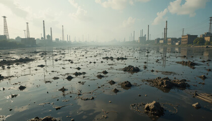 Pollution assessment riverbank photograph industrial area wide angle environmental impact analysis
