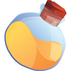 Transparent Potion Bottle With Yellow Liquid And Red Stopper Isolated On White Background