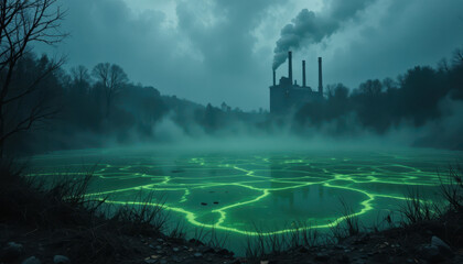 Environmental pollution event toxic lake abandoned factory night scene industrial area eerie atmosphere