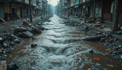 Flooded streets in urban environment waterlogged alleyway post-disaster scene gritty cityscape perspective