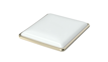 White square with rounded edges sits atop gold-colored frame, isolated against black background