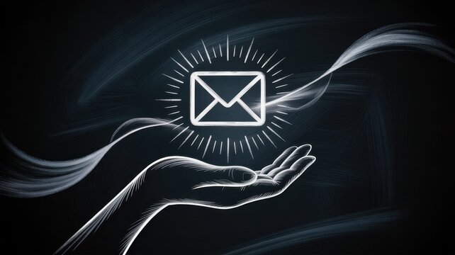 Email Message: A digital artwork depicting a hand cupping an illuminated email icon, symbolizing the delivery of a message and communication.