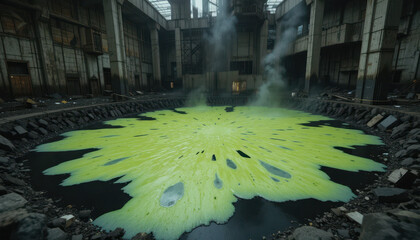 Toxic green lagoon abandoned factory photographic art dark atmosphere aerial view environmental hazard