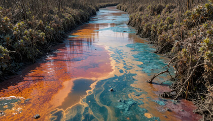 Pollution awareness colorful contaminated stream urban environment nature photography aesthetic perspective