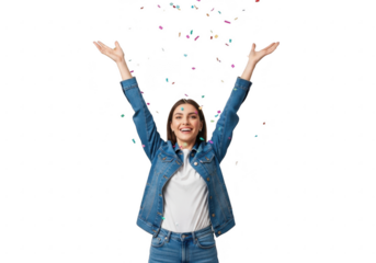 Young woman celebrating with falling confetti, isolated on transparent background