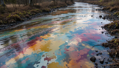 Pollution awareness colorful oil slick on river natural environment outdoor scene environmental impact