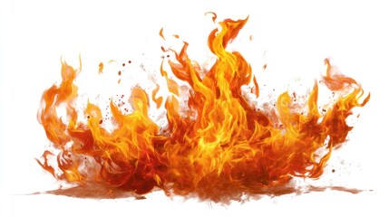 A large, fiery flame with orange and yellow hues, surrounded by a white background, creating a dramatic and intense atmosphere.