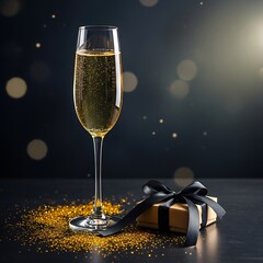Champagne Glass and Gift Box with Gold Glitter and Bokeh Lights flute drink