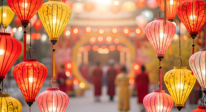 Vibrant Chinese New Year celebration with colorful lanterns illuminating the festive atmosphere and creating a magical ambiance for cultural events