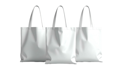 Three white canvas tote bags, front view, isolated on a black background