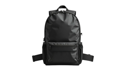 Modern black backpack, front view, isolated on a dark background