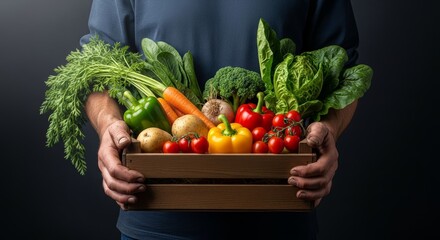 Fresh Organic Vegetables in Wooden Crate Held by Person.