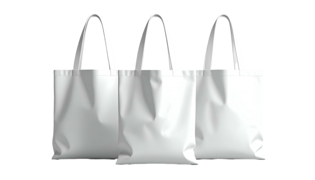 Three white canvas tote bags, front view, isolated on a black background
