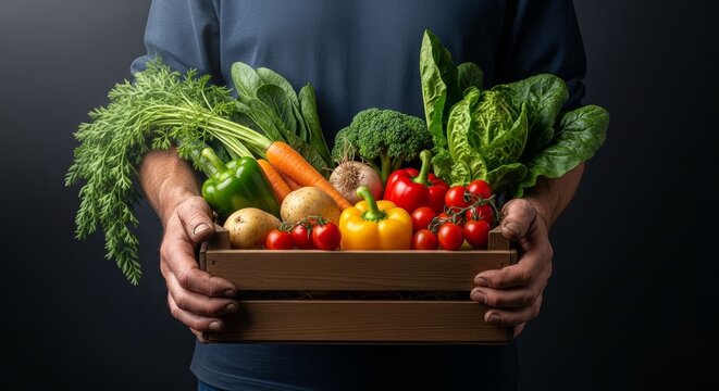 Fresh Organic Vegetables in Wooden Crate Held by Person.
