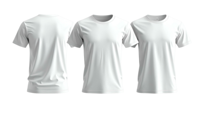 Three white t-shirts, front, back, and side views, isolated on black background