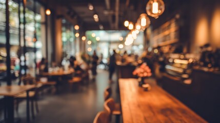 A blurred, bokeh-lit coffee shop interior with wooden tables, chairs, and a counter,