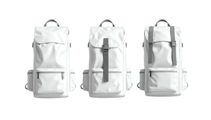 Three white backpacks displayed in front view against a black background