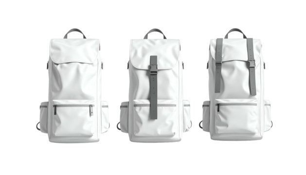 Three white backpacks displayed in front view against a black background