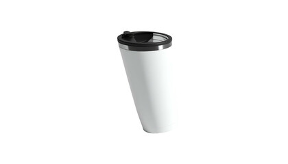 Angled shot of a white travel tumbler with a black lid and rim against a stark black background