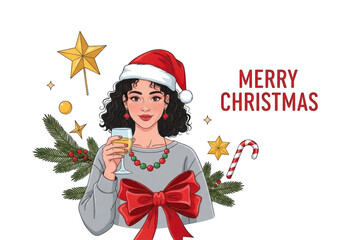 Woman celebrating christmas with a drink, isolated on transparent background