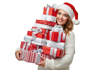 Woman in santa hat holding a pile of christmas gifts, isolated on transparent background