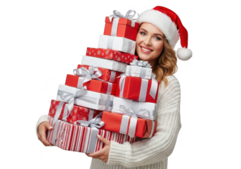 Woman in santa hat holding a pile of christmas gifts, isolated on transparent background
