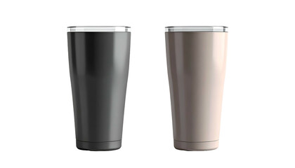Two insulated tumblers, one black and one beige, with metallic rims, set against a dark background