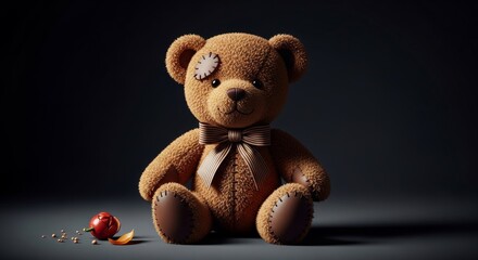A vintage teddy bear with a stitched eye patch and a bow tie sits on a dark background.