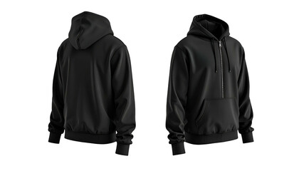 Two perspectives show a black hooded sweatshirt front and rear