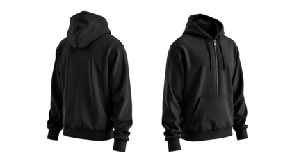 Two perspectives show a black hooded sweatshirt front and rear