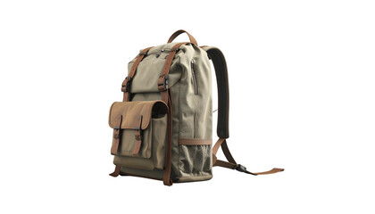 A canvas and leather backpack, designed for travel, isolated on a black background