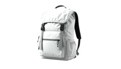 A white backpack, front view, with a flap, pockets, straps, and buckles against black