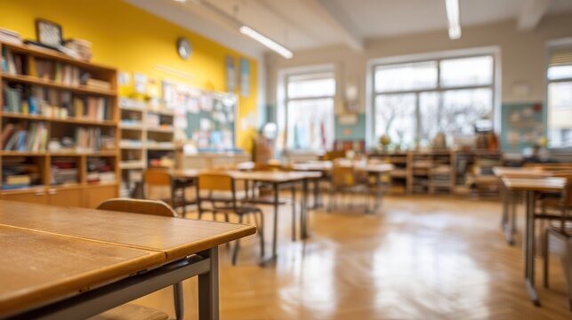 A classroom with desks, chairs, and a yellow wall, with a clock and a window in the background.