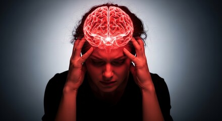 Man with glowing red brain experiencing intense headache or migraine.