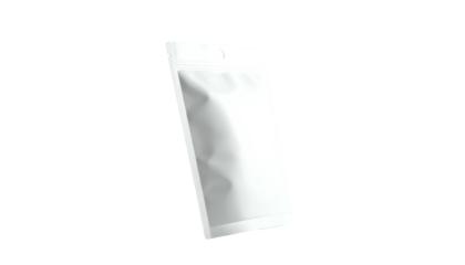 Angled shot of a blank white pouch against black backdrop