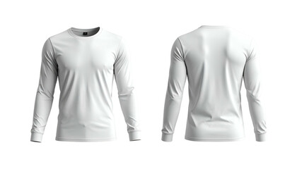 Front and back views of a plain, long-sleeved white shirt. Mockup against a black background