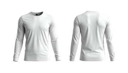 Front and back views of a plain, long-sleeved white shirt. Mockup against a black background