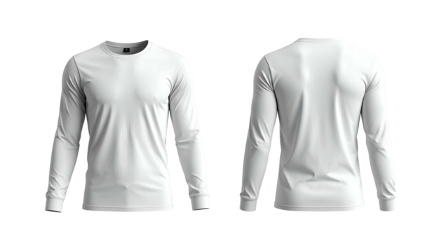 Front and back views of a plain, long-sleeved white shirt. Mockup against a black background