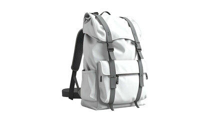Modern backpack, white fabric with grey straps and buckles, isolated against a dark background